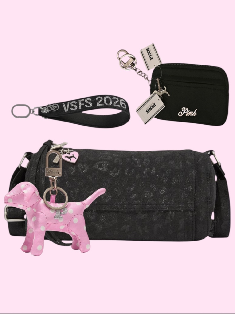 PINK CANVAS ROLLED BLACK LEOPARD DUFFLE SHOULDER BAG 4 piece BUNDLE